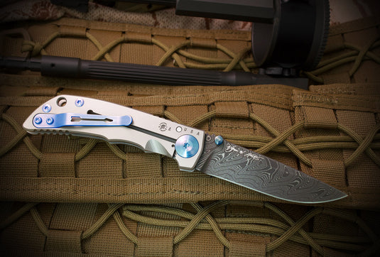 Spartan Blades Elite Harsey Folder 3.25, Chad Nichols Damascus, Blue Ano Hardware (SF10DMBL)