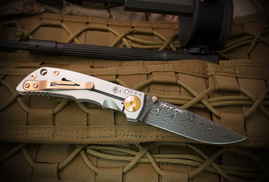 Spartan Blades Elite Harsey Folder 3.25, Chad Nichols Damascus, Bronze Ano Hardware (SF10DMBZ)