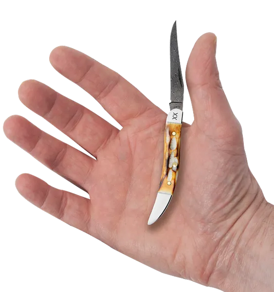 Case Burnt Natural Bone Deep Canyon Jig Small Texas Toothpick, Carbon Steel Damascus (27236)