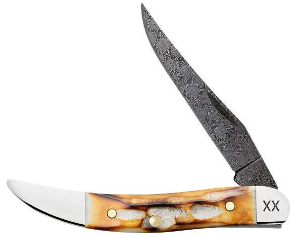 Cargue la imagen en el visor de la galería, Case Burnt Natural Bone Deep Canyon Jig Small Texas Toothpick, Carbon Steel Damascus (27236)
