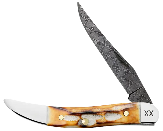 Case Burnt Natural Bone Deep Canyon Jig Small Texas Toothpick, Carbon Steel Damascus (27236)