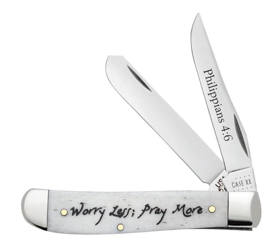 Case Worry Less, Pray More Embellished Smooth Natural Bone Mini Trapper (60869)
