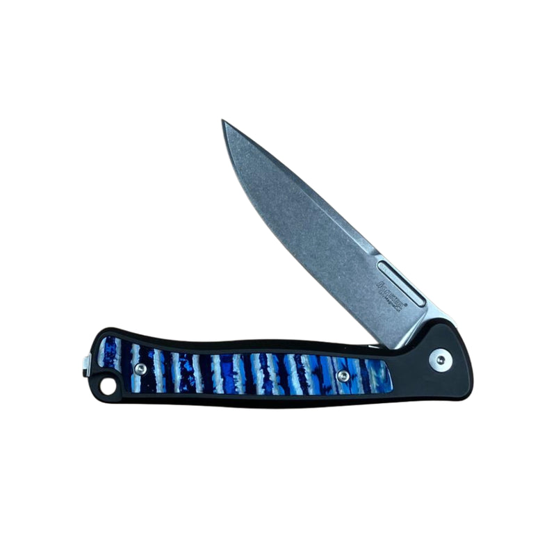 Load image into Gallery viewer, Santa Fe Stoneworks lionSTEEL® Skinny, Black Aluminum with Blue Mammoth Tooth Inlay, MagnaCut (SFLS2)
