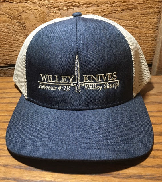Load image into Gallery viewer, Willey Knives Low Profile Trucker Cap, Heathered Navy with Khaki Mesh (WKHAT10)
