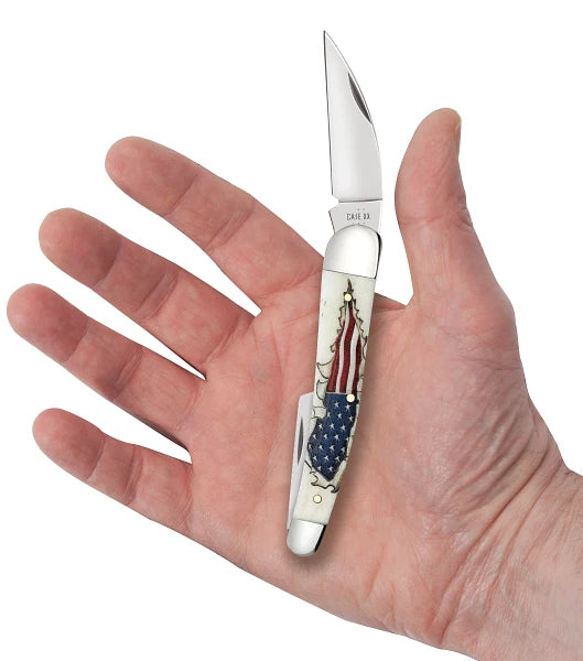 Case Smooth Natural Bone Seahorse Whittler, U.S. Flag Bursting through Handle (10844)
